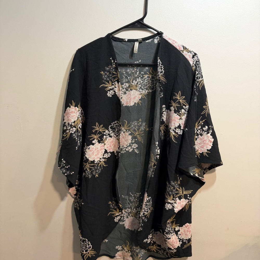 Feathers Kimono Wrap Black Pink Floral Open Front Lightweight Cardigan Large